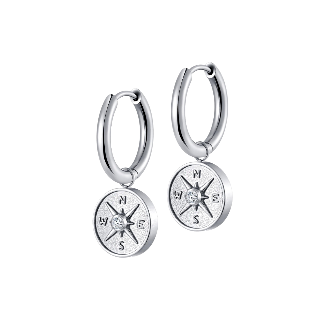 Antique Compass Charm Hoops in Titanium