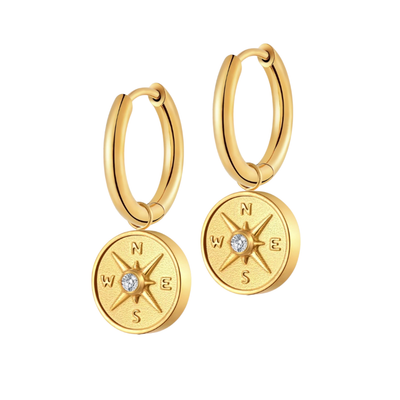 Antique Compass Charm Hoops in Titanium