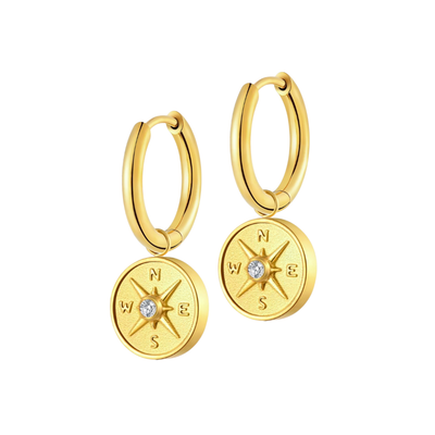 Antique Compass Charm Hoops in Titanium