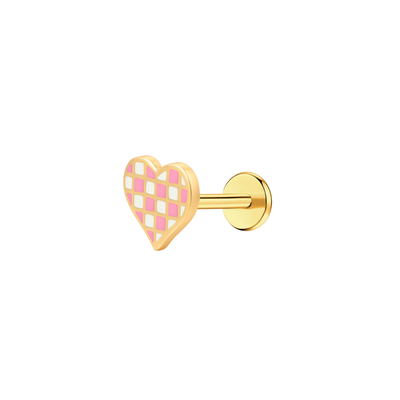 Pink Checkered Heart Enamel Flat Back Stud