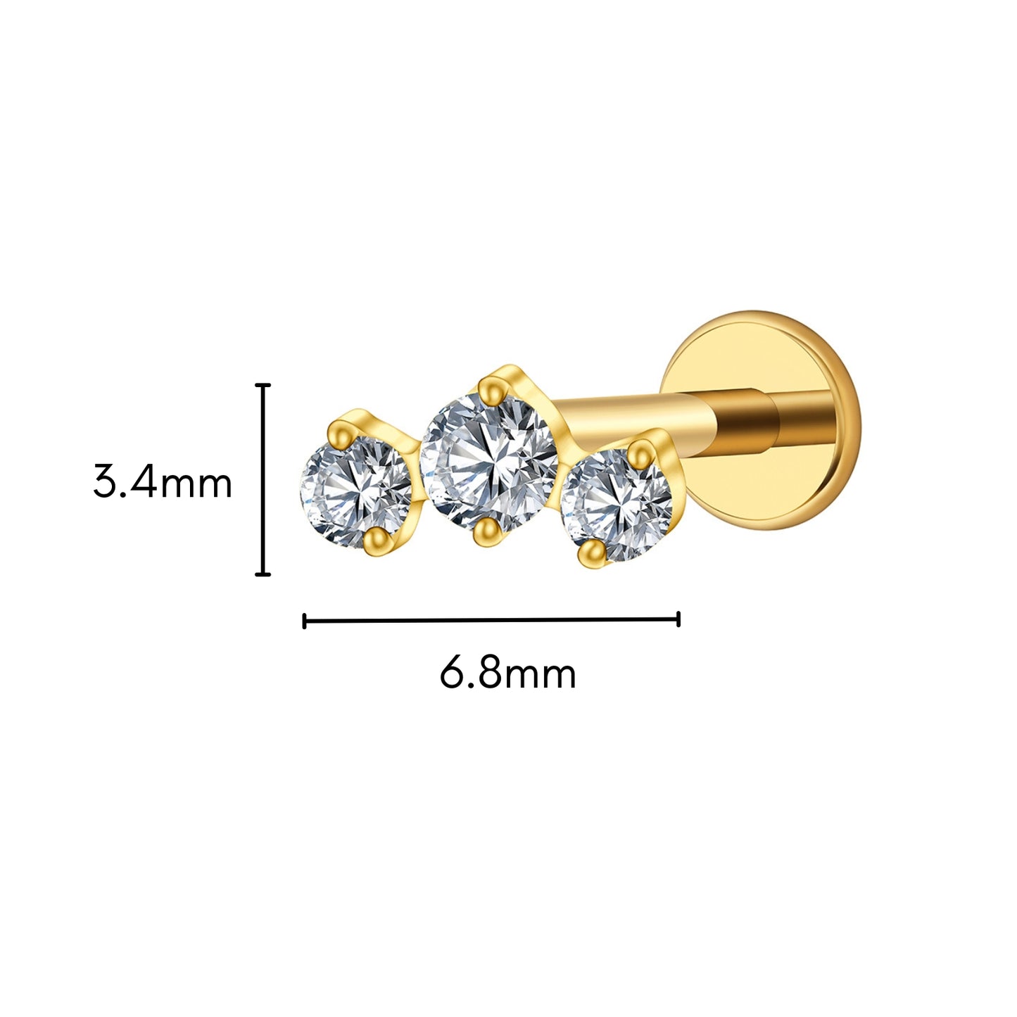 Triple CZ Flat Back Stud