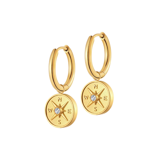 Antique Compass Charm Hoops in Titanium