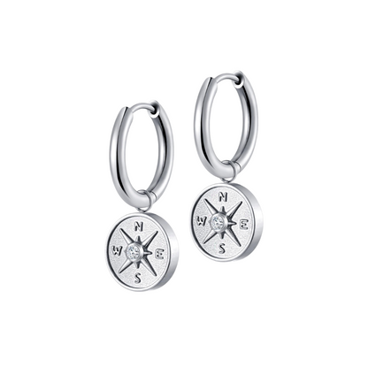 Antique Compass Charm Hoops in Titanium